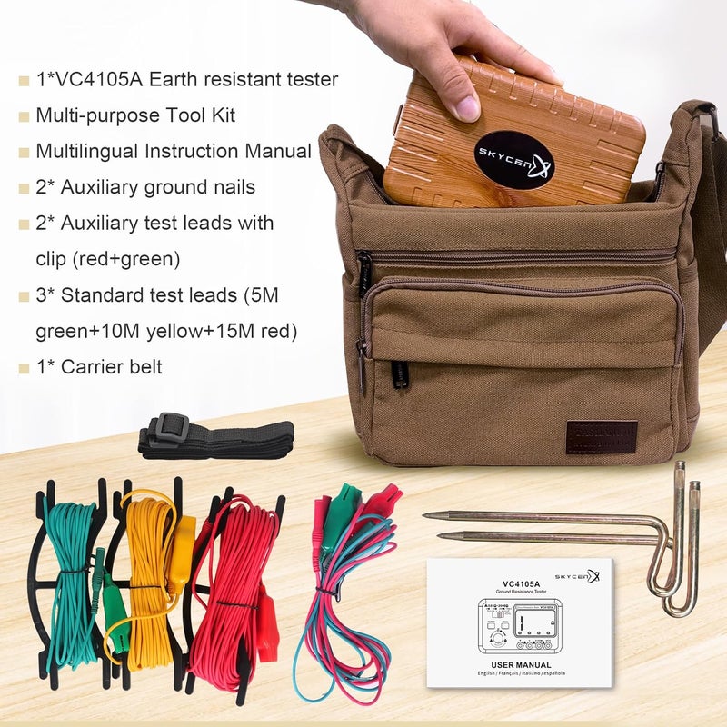 SKYCENX Telurometro,VC4105A Digital Earth Resistance Tester, Grounding Meter Tester for Earthing,Wood-Look Casing,Offers Three Resistance Ranges(20Ω/200Ω/2000Ω) and AC Voltages 750V - Image 3